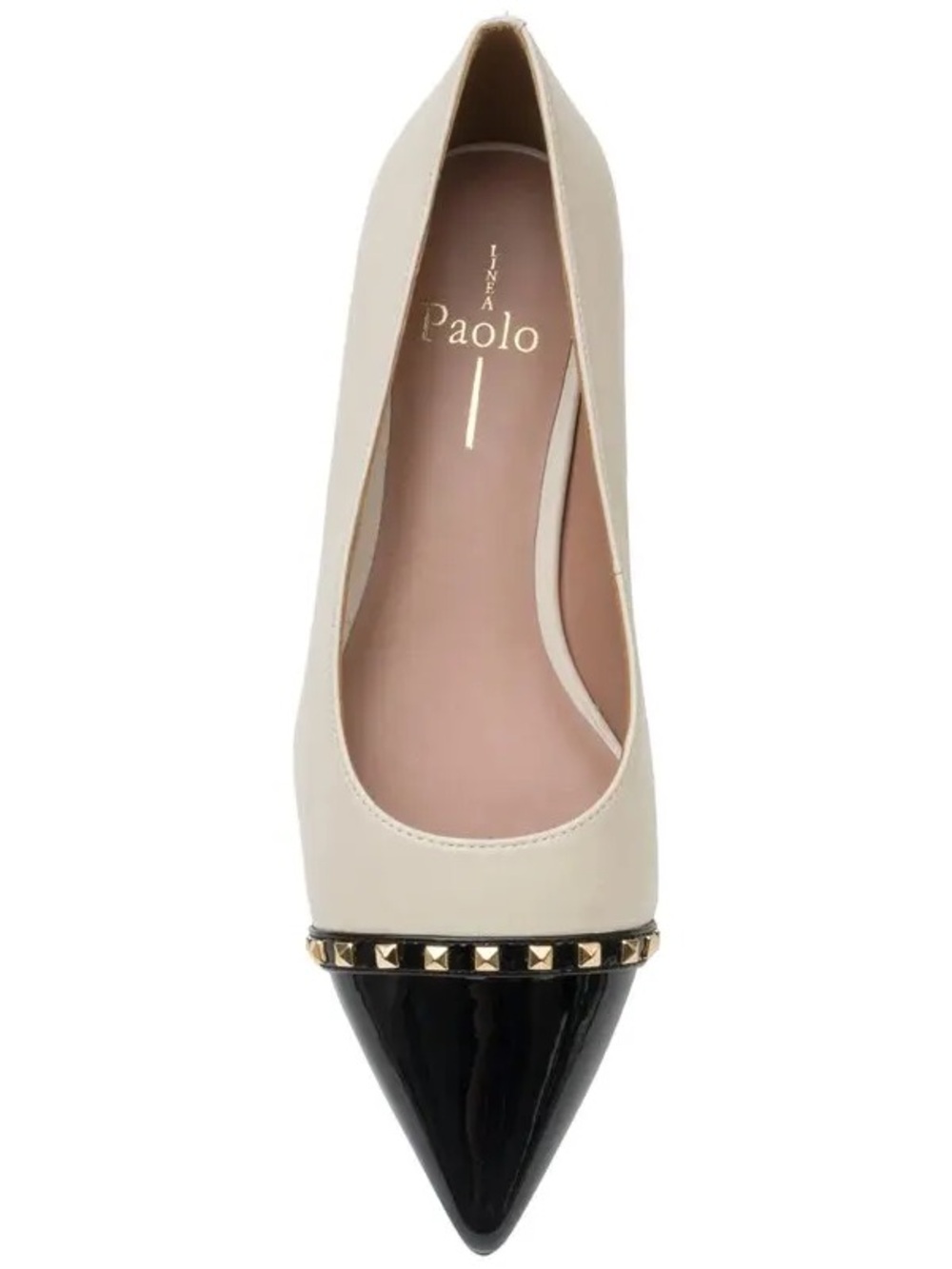 Paolo Cream Flat with Black Patent Pointed Toe and Gold Studs